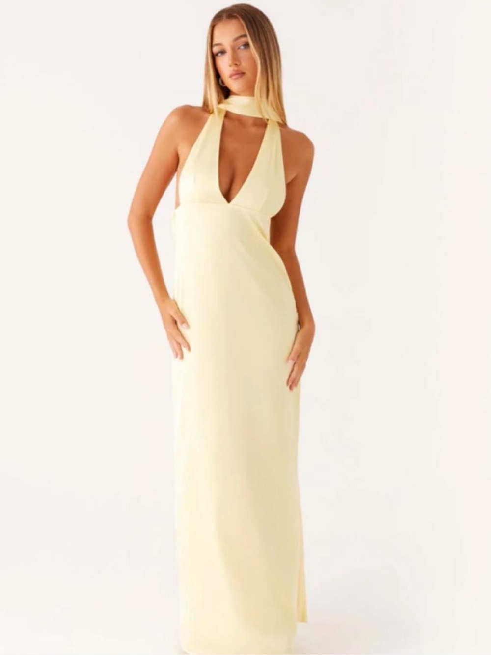 Peppermayo Alicia Satin Halter V-Neck Maxi Dress